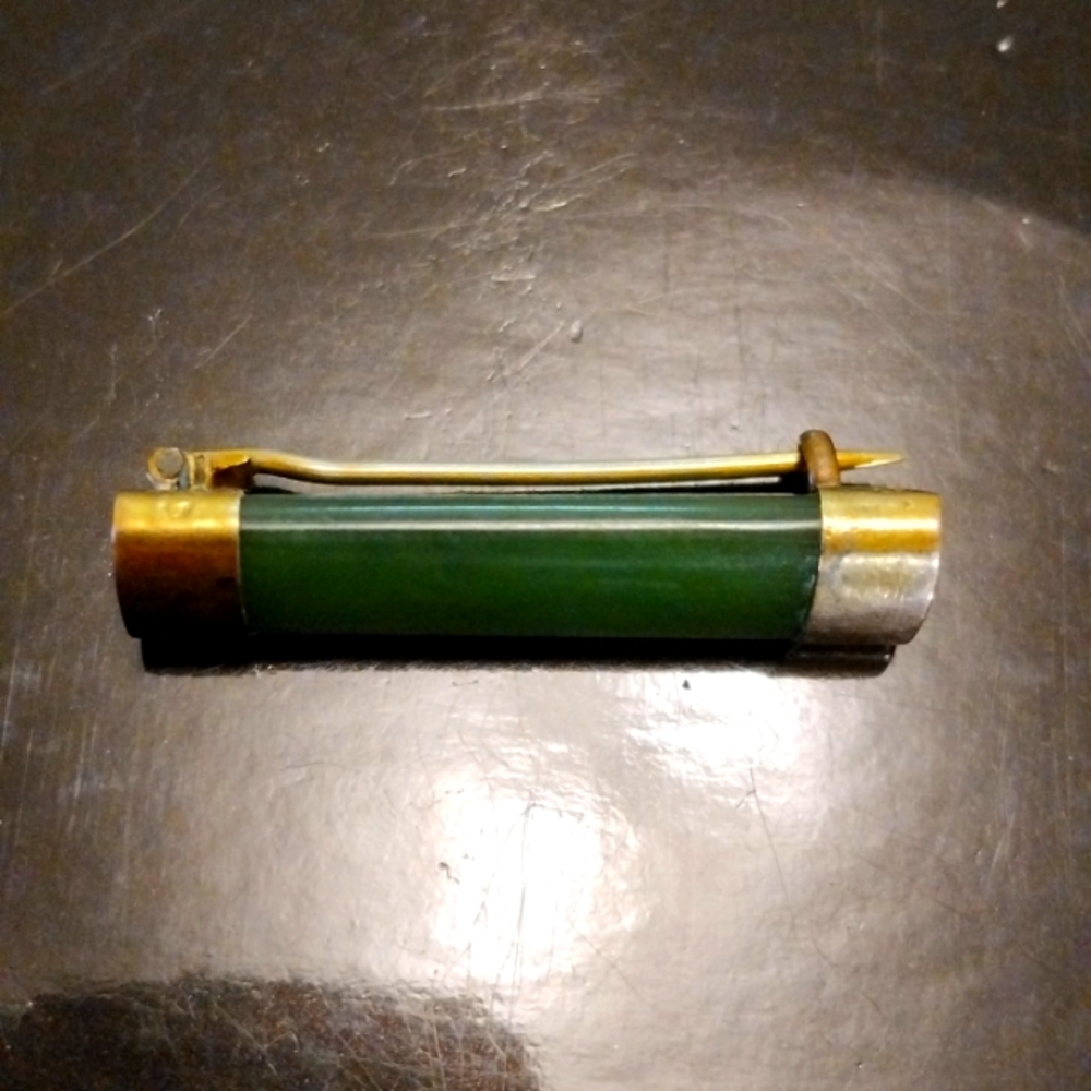 Vintage 9ct yellow etched gold & nephrite jade bar brooch pin 2' long beautiful